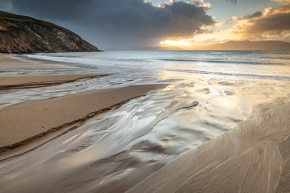 Channel leading to ocean at sunrise, Minard Beach, Dingle Peninsula, County Kerry, Munster, Republic of Ireland (Eire), Europe