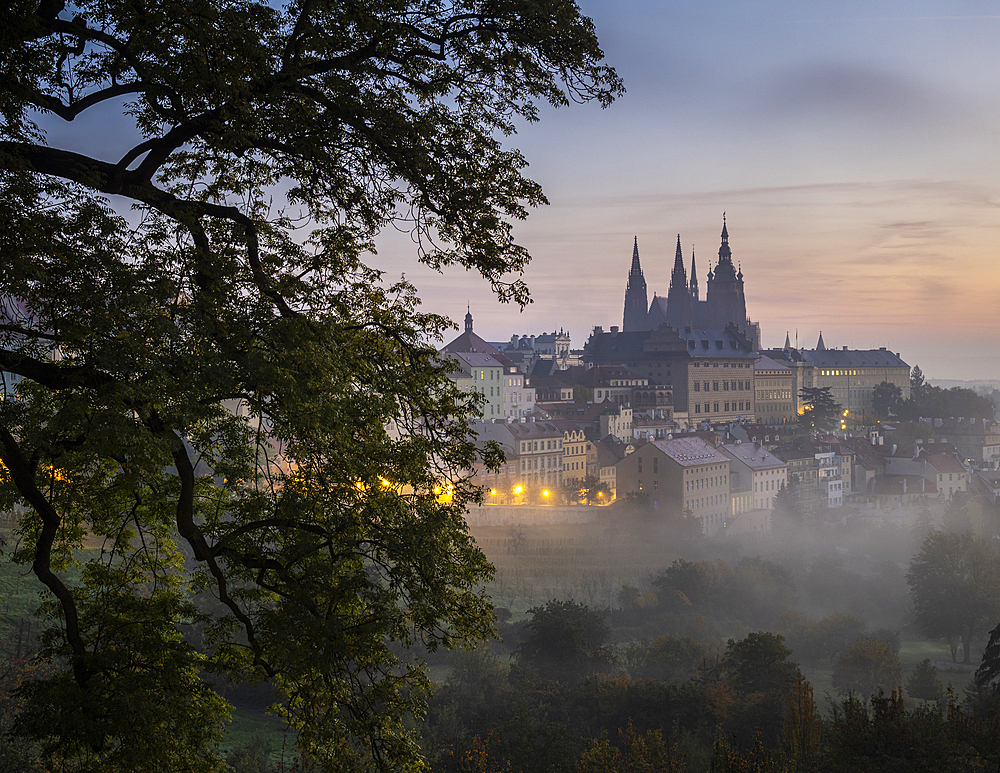 Prague Castle and St. Vitus Cathedral at dawn from Petrin Hill, UNESCO World Heritage Site, Prague, Czechia (Czech Republic), Europe