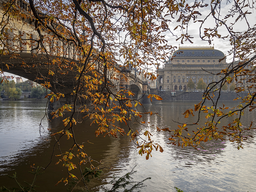 Most Legii (Legion Bridge) and the National Theatre in autumn, Prague, Czechia (Czech Republic), Europe