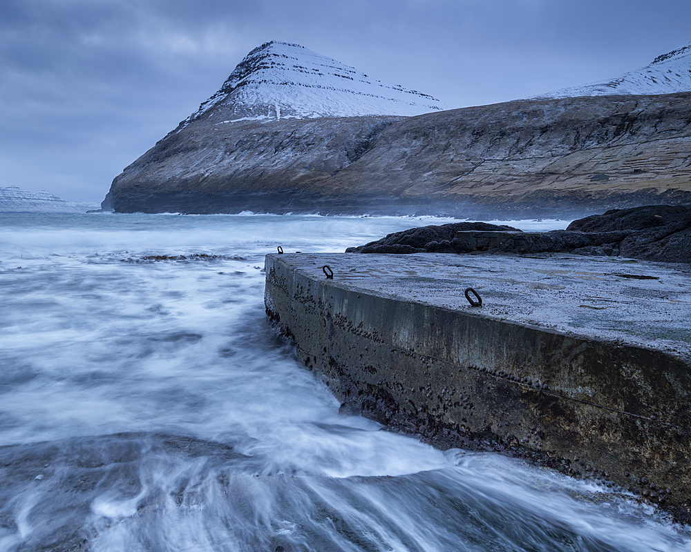 Slipway and mountain at dawn, Gjogv, Eysturoy Island, Faroe Islands, Denmark, Europe