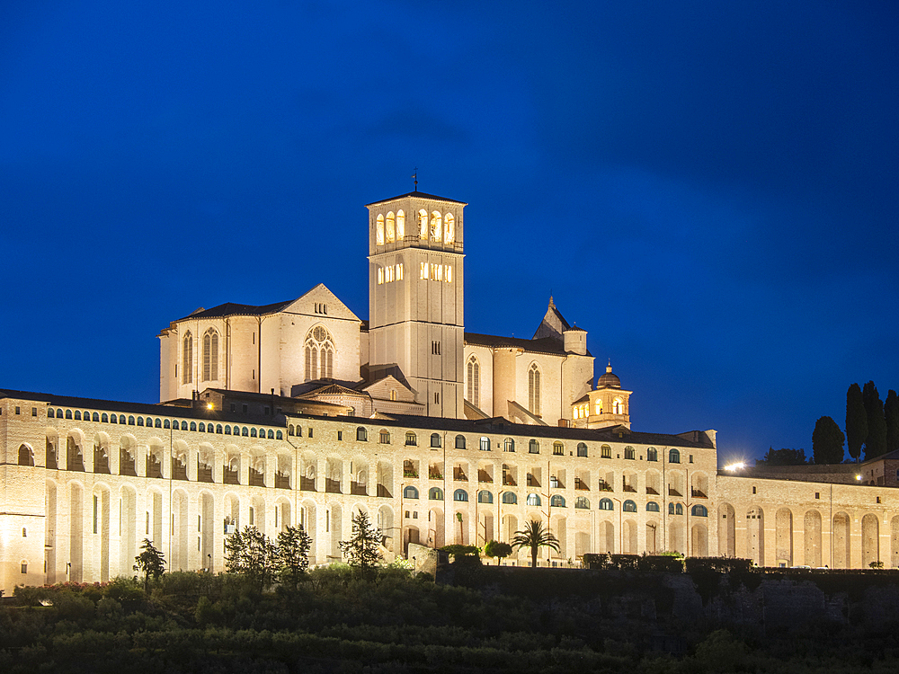 Basilica of Saint Francis of Assisi, illuminated at night, UNESCO World Heritage Site, Assisi, Perugia, Umbria, Italy, Europe