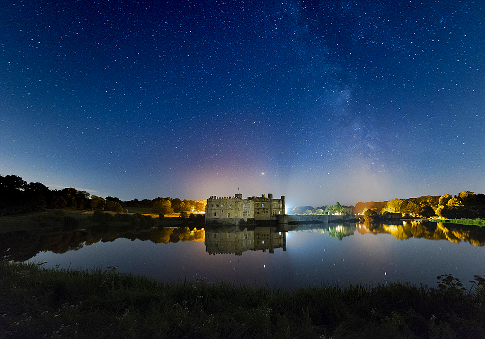 Night sky and Milky Way over Leeds Castle, near Maidstone, Kent, England, United Kingdom, Europe