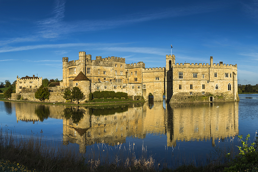 Leeds Castle in early morning sunlight, near Maidstone, Kent, England, United Kingdom, Europe