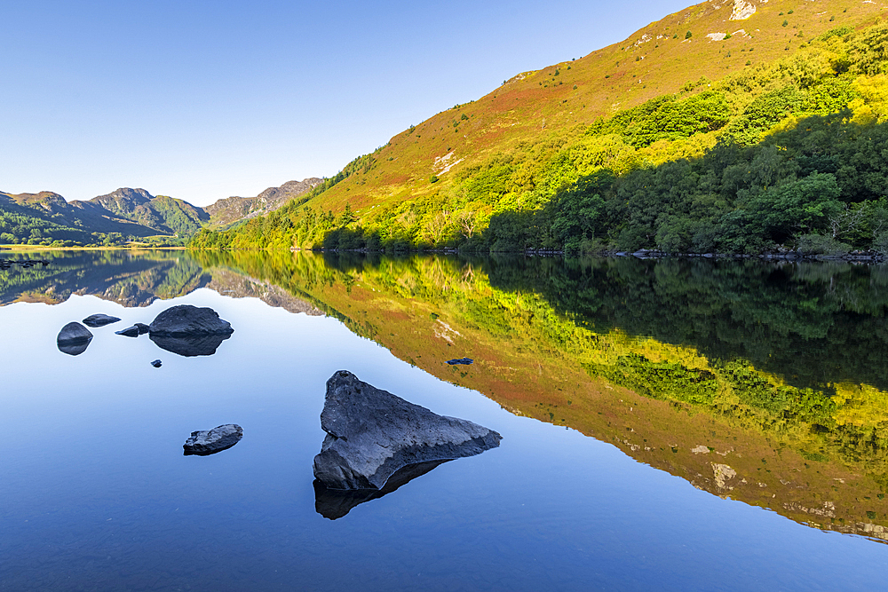 Morning lake reflections, Llyn Crafnant, Snowdonia National Park, Wales, United Kingdom, Europe