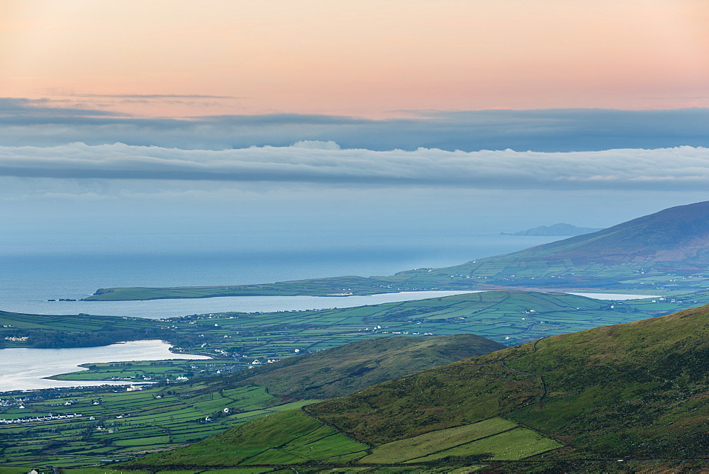 Dingle Bay at dawn from Conor Pass, Dingle Peninsula, County Kerry, Ireland