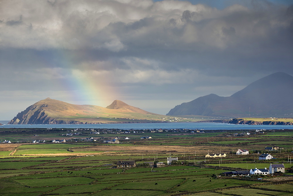 Rainbow over hills and dwellings, looking towards Clogher and Rosroe, Dingle Peninsula, County Kerry, Munster, Republic of Ireland, Europe