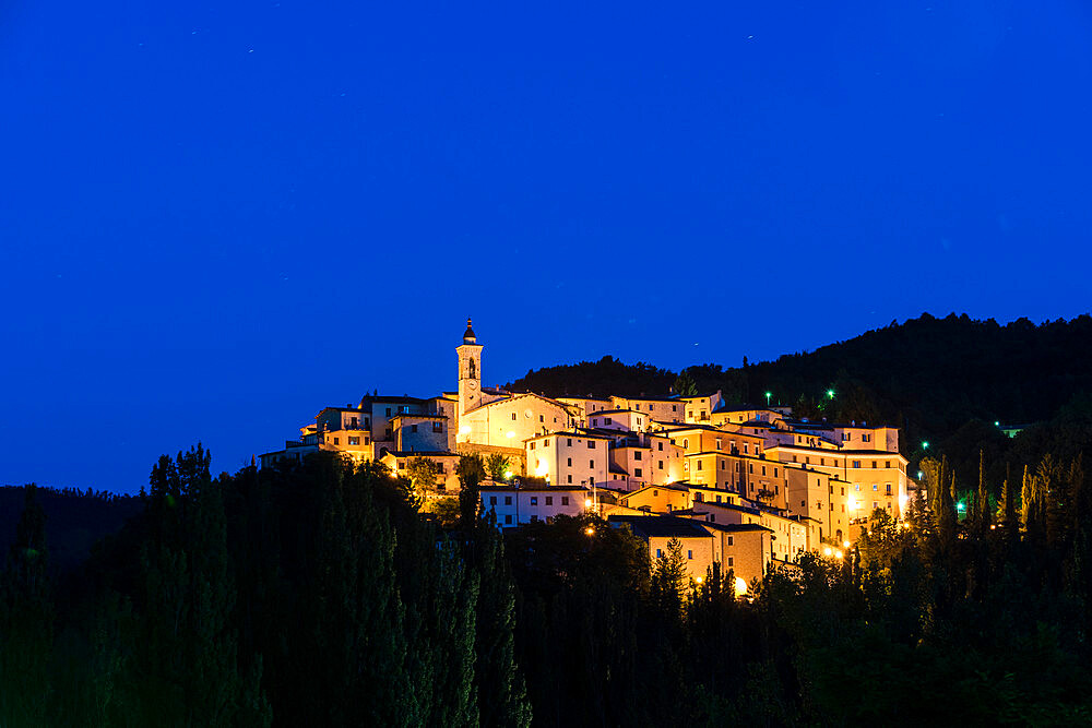 View of the village of Preci at dusk, Valnerina, Umbria, Italy, Europe