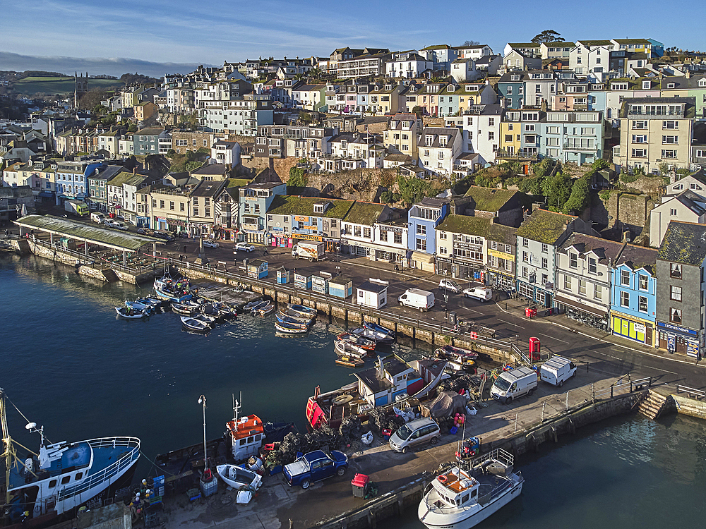 The inner harbour at Brixham, one of Britain's busiest fishing harbours, in Torbay, Devon, Great Britain.