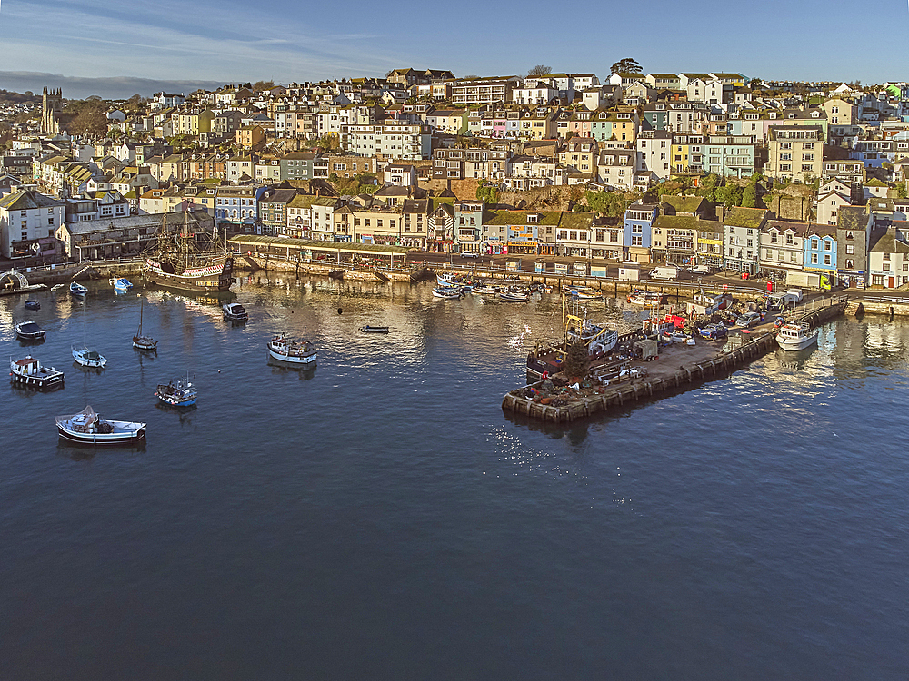 The inner harbour at Brixham, one of Britain's busiest fishing harbours, in Torbay, Devon, Great Britain.