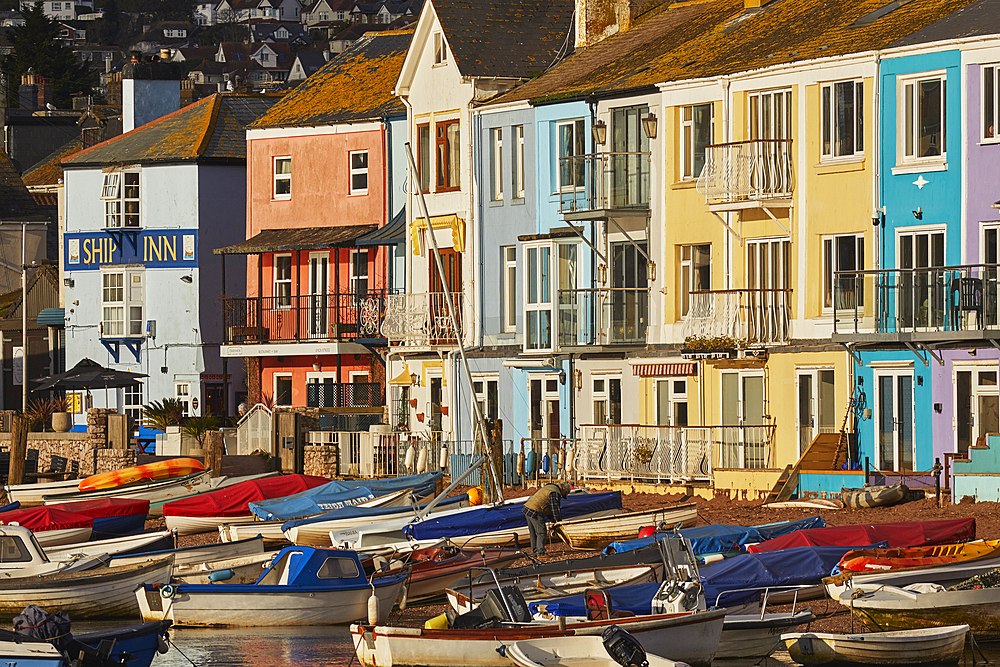Harbourfront buildings along the edge of the Back Beach, beside the harbour in the estuary of the River Teign, in Teignmouth, Devon, Great Britain.
