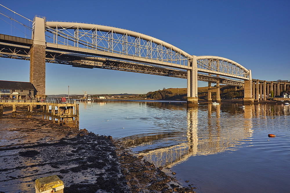 The Tamar Bridges, across the Hamoaze, estuary of the River Tamar, at Saltash, near Plymouth, Cornwall, England, United Kingdom, Europe