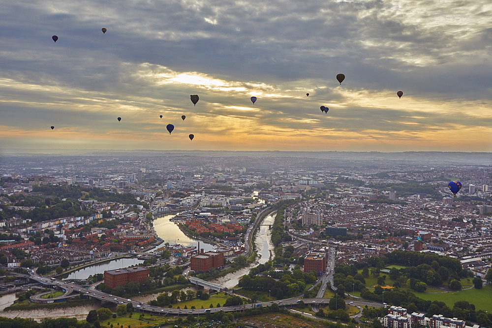 Hot-air balloons flying over the city of Bristol during the Bristol International Balloon Fiesta, Bristol, England, United Kingdom, Europe