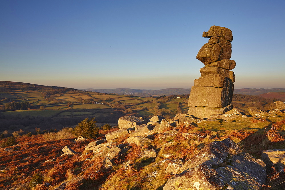 A natural granite outcrop seen in low winter sunlight, Bowerman's Nose, Dartmoor National Park, Devon, England, United Kingdom, Europe