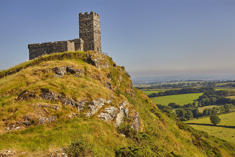 An iconic Dartmoor view of the 13th century St. Michael's Church on Brent Tor, on the western edge of Dartmoor National Park. Devon, England, United Kingdom, Europe