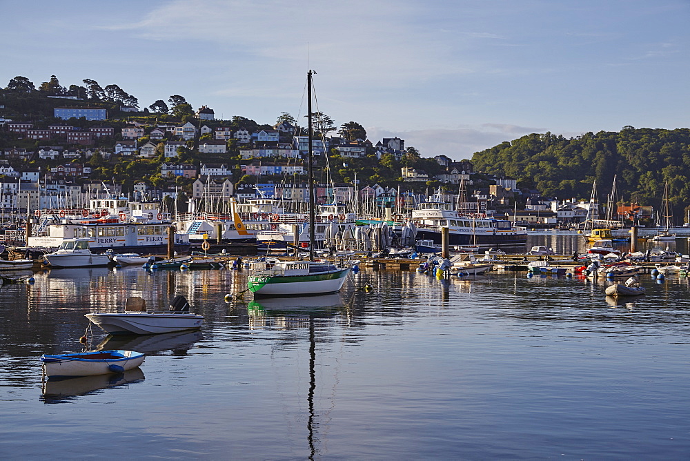 A crowd of boats moored in the harbour in the estuary of the River Dart, at Dartmouth, on the south coast of Devon, England, United Kingdom, Europe