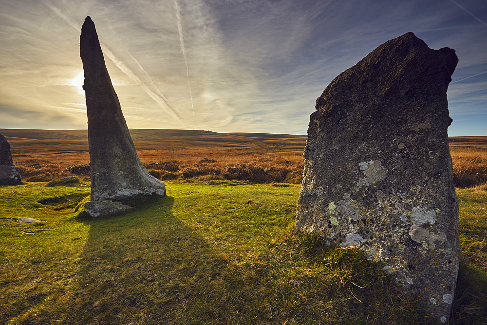 Ancient prehistoric standing stones in a stone circle, Scorhill Stone Circle, Dartmoor National Park, Devon, England, United Kingdom, Europe