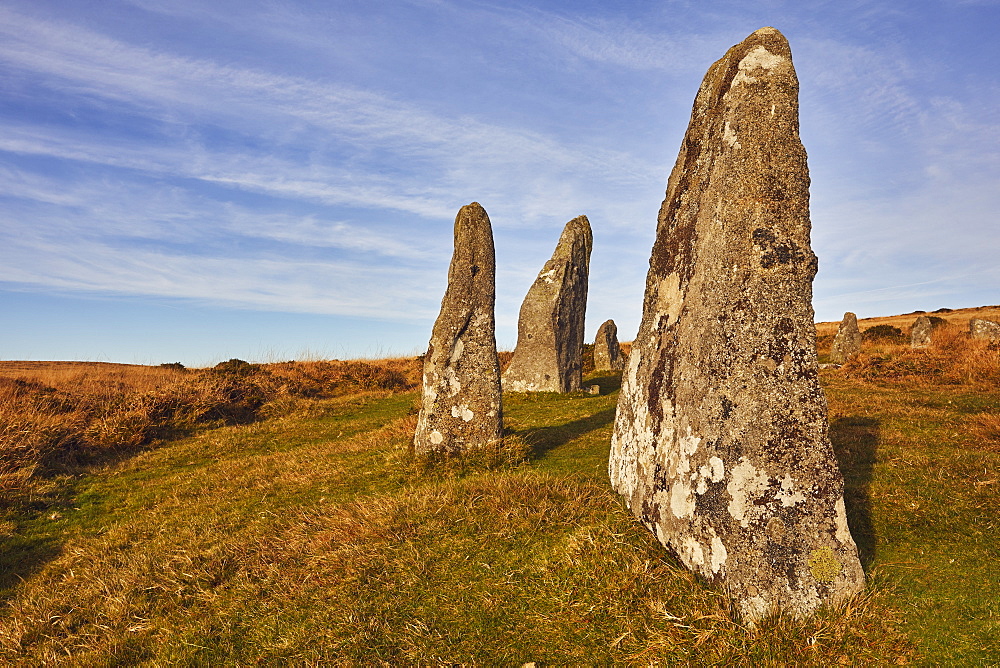 Ancient prehistoric standing stones in a stone circle, Scorhill Stone Circle, Dartmoor National Park, Devon, England, United Kingdom, Europe