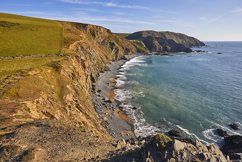 Cliffs along Devon's Atlantic coast bathed in late afternoon sunlight, Hartland Quay, north Devon, England, United Kingdom, Europe