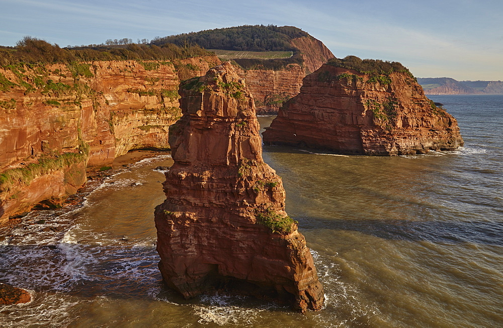 Red sandstone cliffs and rocks at Ladram Bay, in the Jurassic Coast UNESCO World Heritage Site, near Budleigh Salterton, East Devon, England, United Kingdom, Europe