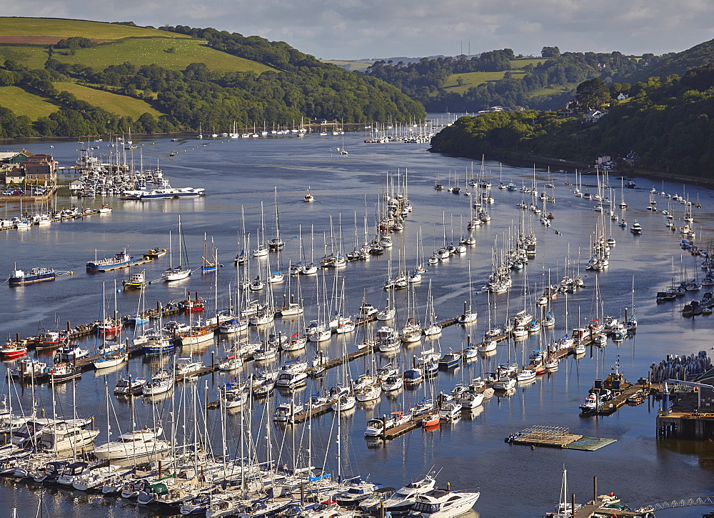 A magnificent view along the estuary of the River Dart, looking inland from the village of Kingswear, near Dartmouth, Devon, England, United Kingdom, Europe