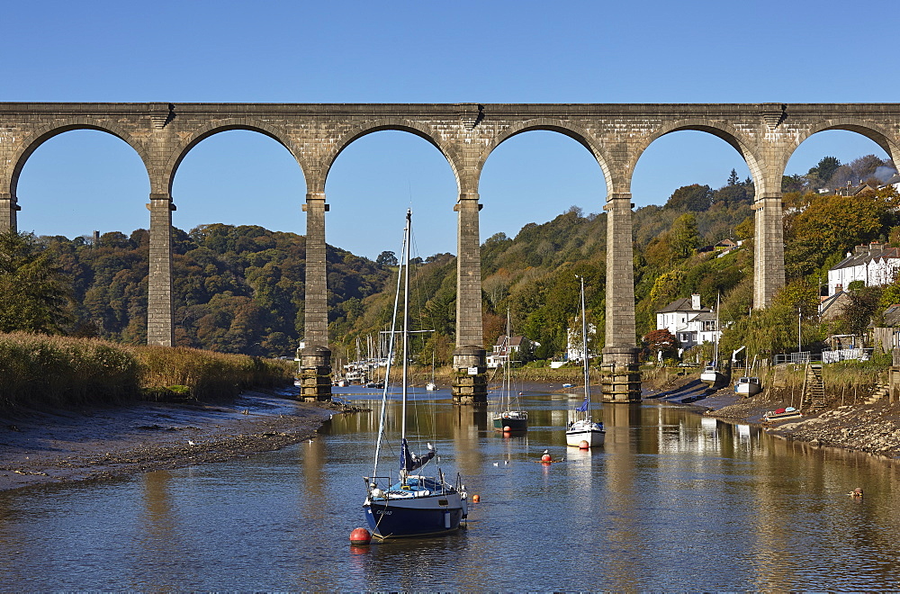 A railway viaduct across the River Tamar, at Calstock, on the Devon-Cornwall border, in east Cornwall, England, United Kingdom, Europe