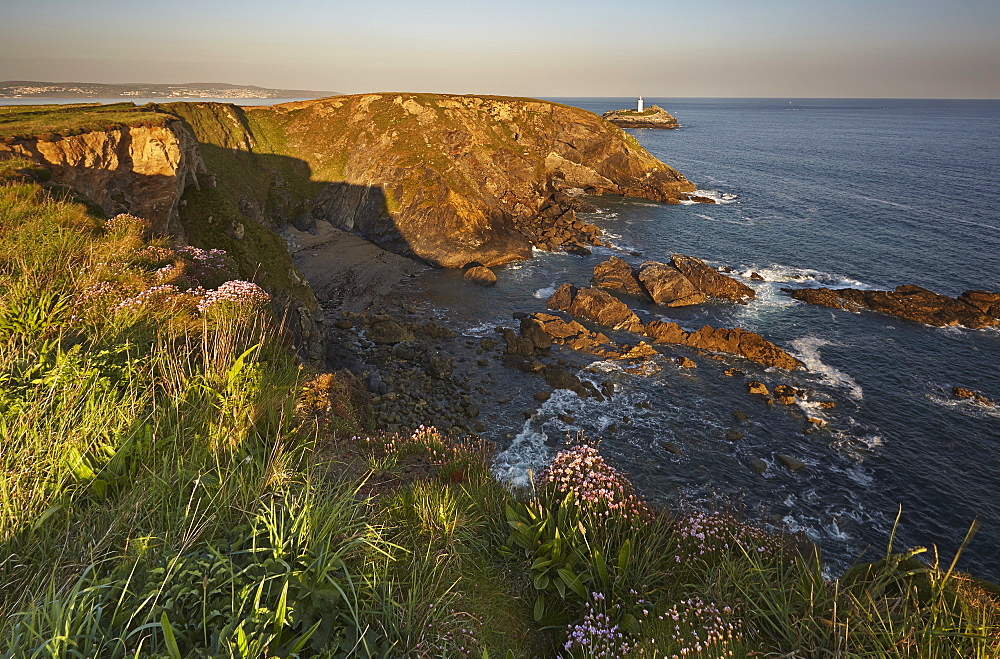 The cliffs of Godrevy Point, with Godrevey Island and Lighthouse beyond, on Cornwall's Atlantic coast, near Hayle, west Cornwall, England, United Kingdom, Europe