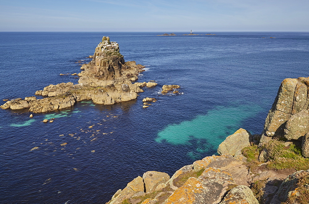 The Armed Knight, a rocky islet off Land's End, Britain's most southwesterly point, in calm summer weather, west Cornwall, England, United Kingdom, Europe