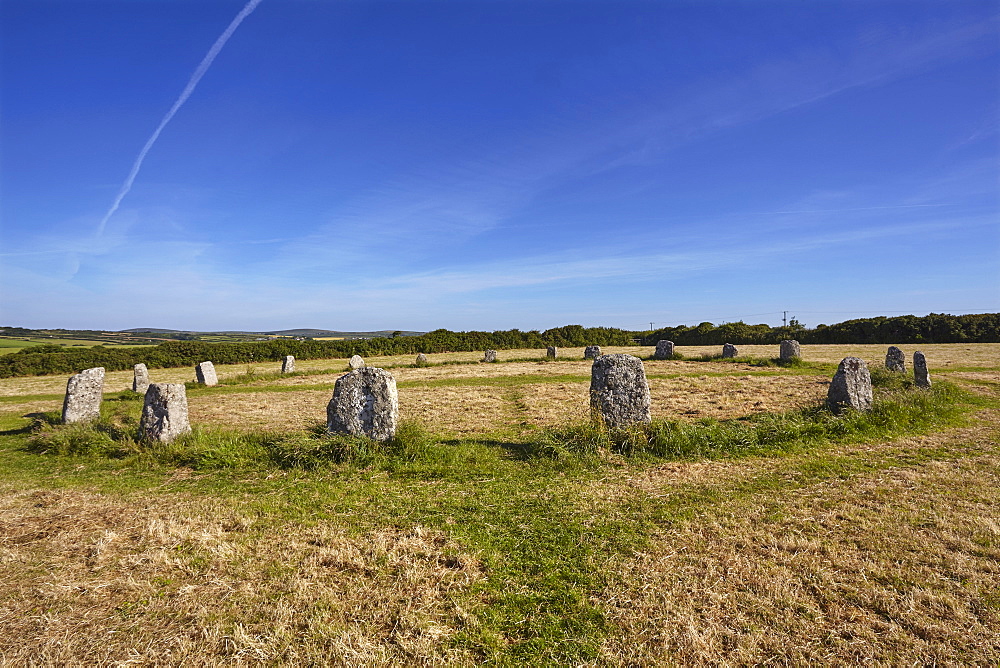 Prehistoric stone circle, Merry Maidens, in a field near Mousehole, near Penzance, west Cornwall, England, United Kingdom, Europe