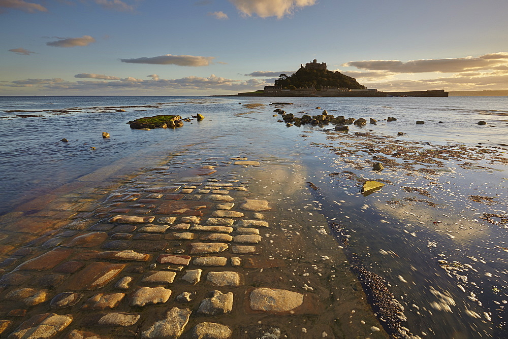 An evening view of St. Michael's Mount, one of Cornwall's most iconic landmarks, in Marazion, near Penzance, in west Cornwall, England, United Kingdom, Europe