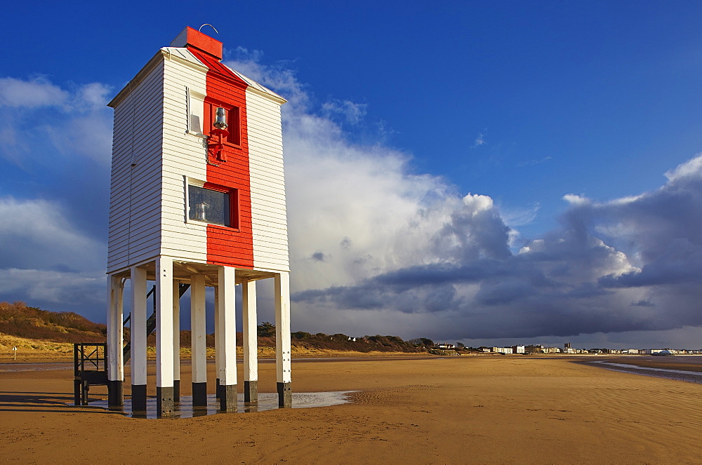 The 19th century wooden Low Lighthouse on the beach at Burnham-on-Sea, on the Bristol Channel coast of Somerset, England, United Kingdom, Europe