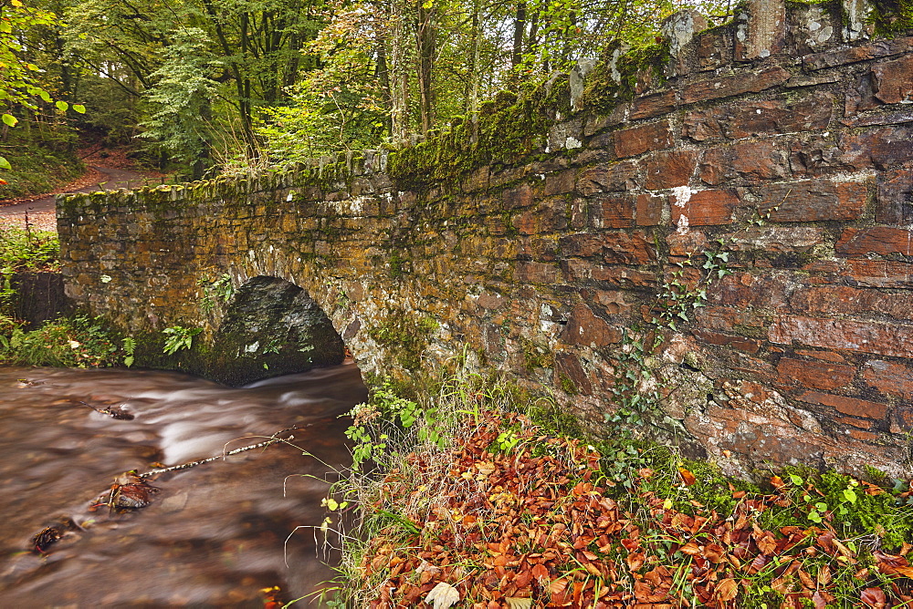 An ancient packhorse bridge at Marsh Bridge, near Dulverton, Exmoor National Park, Somerset, England, United Kingdom, Europe