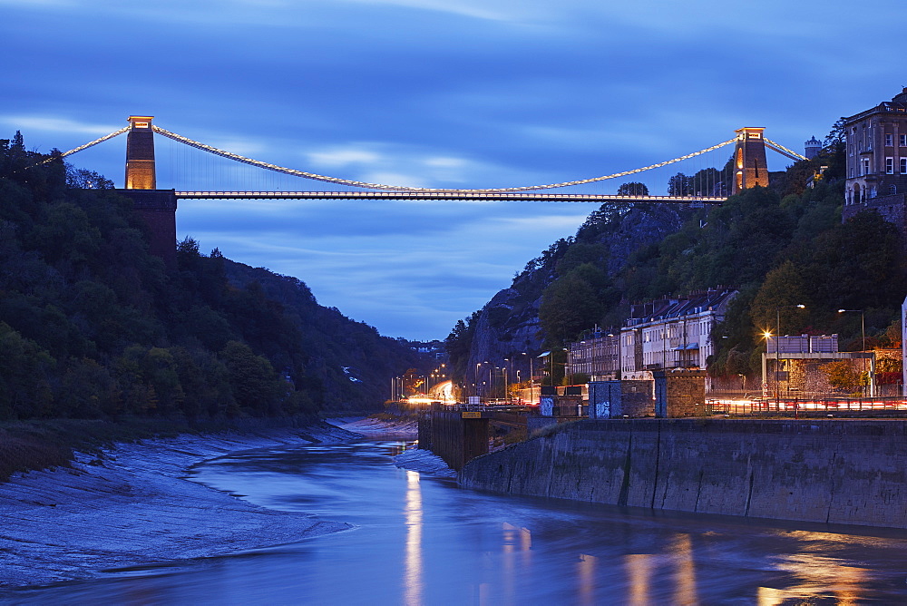 Dusk over the 19th century Clifton Suspension Bridge, spanning the Avon Gorge in the Clifton district of Bristol, England, United Kingdom, Europe