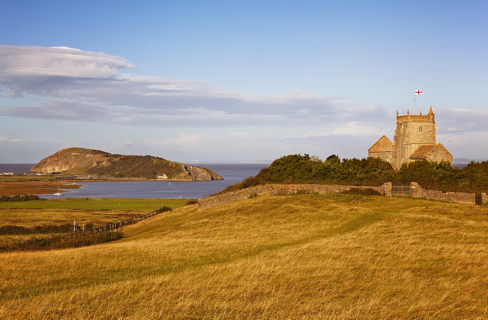 A view of St. Nicholas' Church and onward to Brean Down, from Uphill, Weston-super-Mare, on the coast of Somerset, England, United Kingdom, Europe