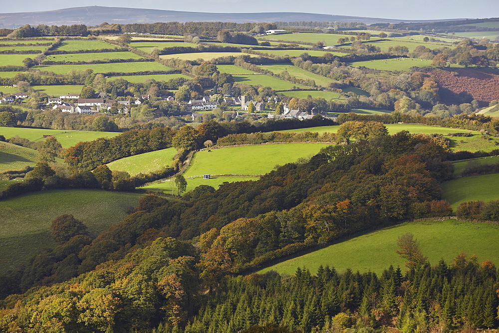 Rolling farmland and the village of Brompton Regis, near Wimbleball Lake, in Exmoor National Park, Somerset, England, United Kingdom, Europe