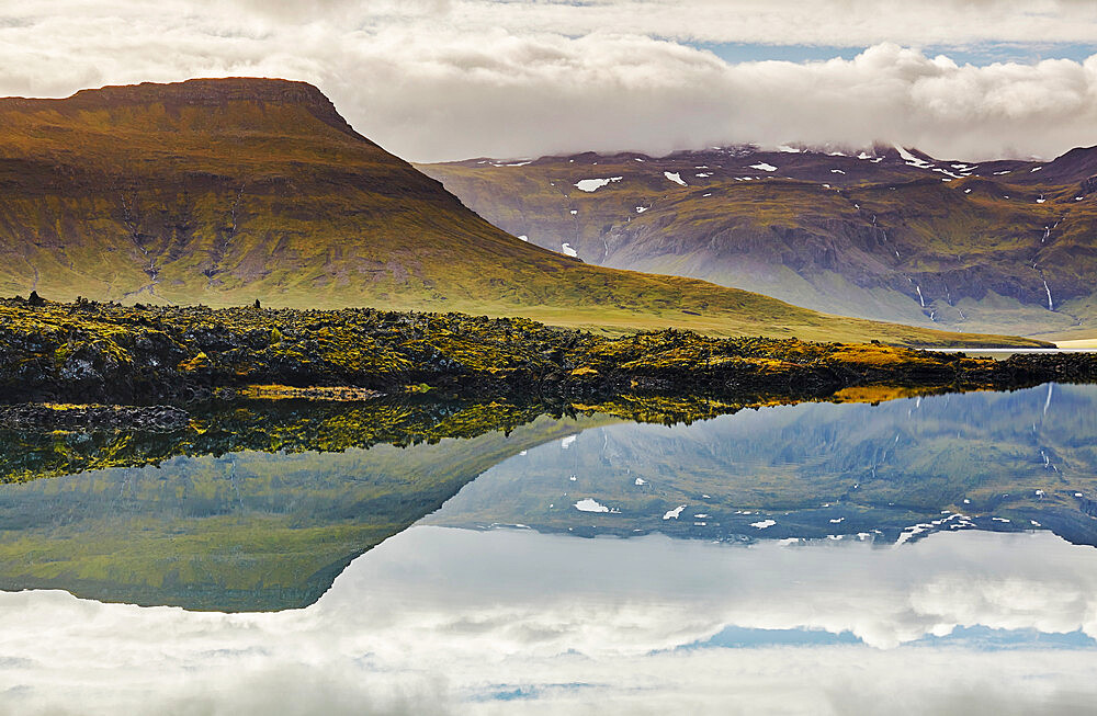 Fjord and mountain scenery around the Berserkjahraun lava field, near Skykkisholmur, Snaefellsnes peninsula, western Iceland, Polar Regions