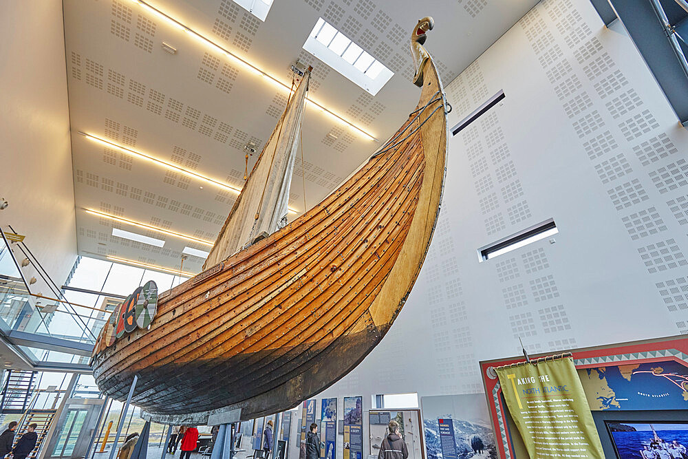 A replica Viking ship in the Viking Museum in Njardvik, near Keflavik, southwest Iceland, Polar Regions