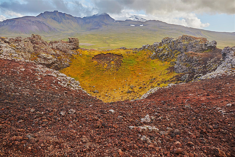 The Saxholl cinder cone and crater, in Snaefellsjokull National Park, on the Snaefellsnes peninsula, western Iceland, Polar Regions