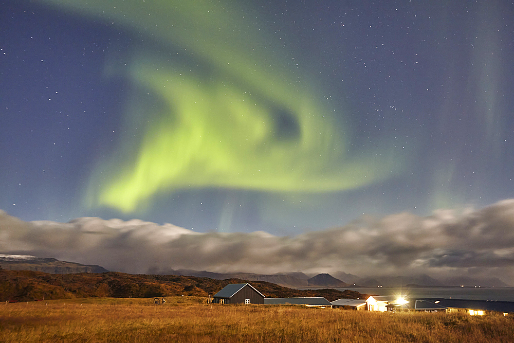 Northern Lights (Aurora Borealis) over countryside around the village of Hellnar, in Snaefellsjokull National Park, on the Snaefellsnes peninsula, west coast of Iceland, Polar Regions