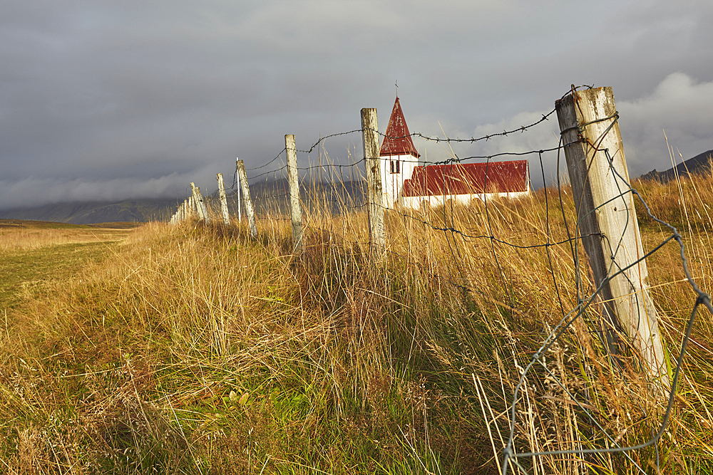 The church in the village of Hellnar, in Snaefellsjokull National Park, Snaefellsnes peninsula, western Iceland, Polar Regions