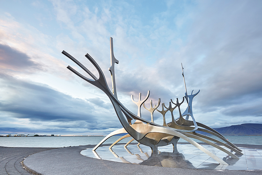 An evening view of the Suncraft sculpture, on the seafront at Reykjavik, capital city of Iceland, Polar Regions