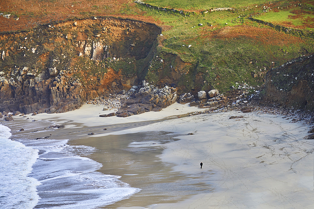 The cliffs and sands of Portheras Cove, a remote beach near Pendeen, on the rugged Atlantic cliffs of the far west of Cornwall, England, United Kingdom, Europe