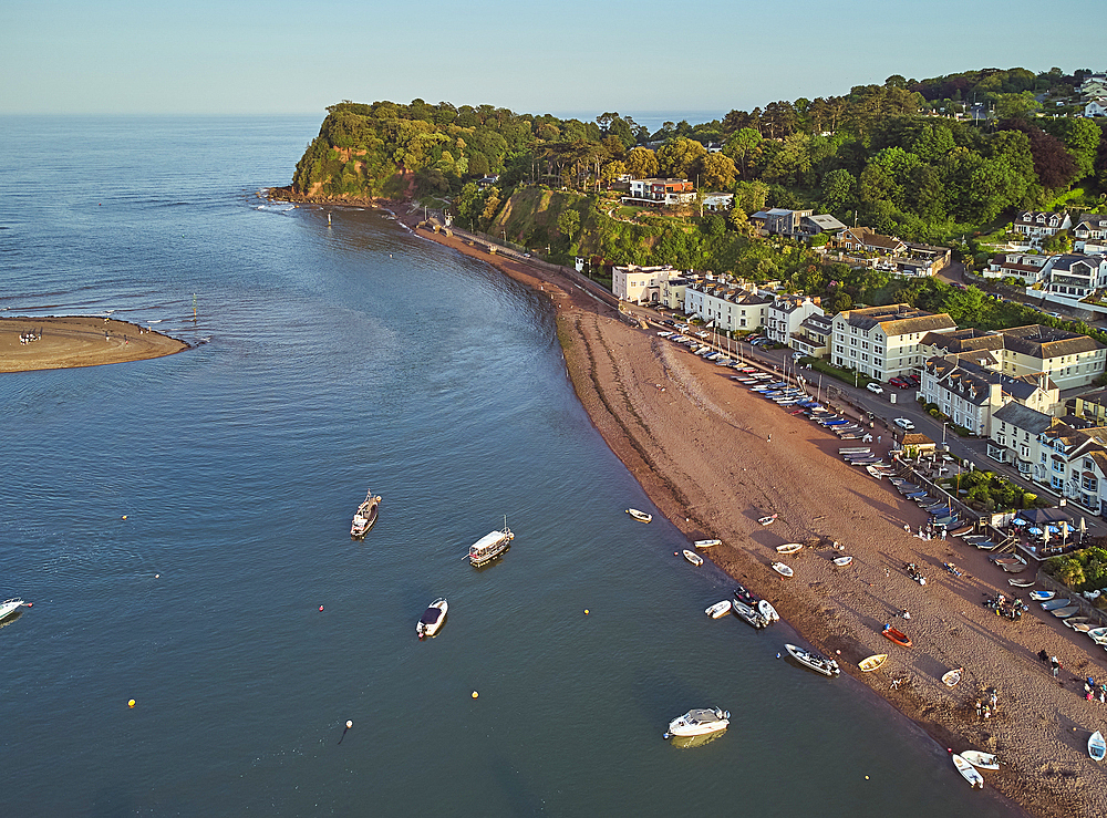 An aerial view of the mouth of the River Teign, looking across to the Ness headland and the village of Shaldon, near Teignmouth, south coast of Devon, England, United Kingdom, Europe