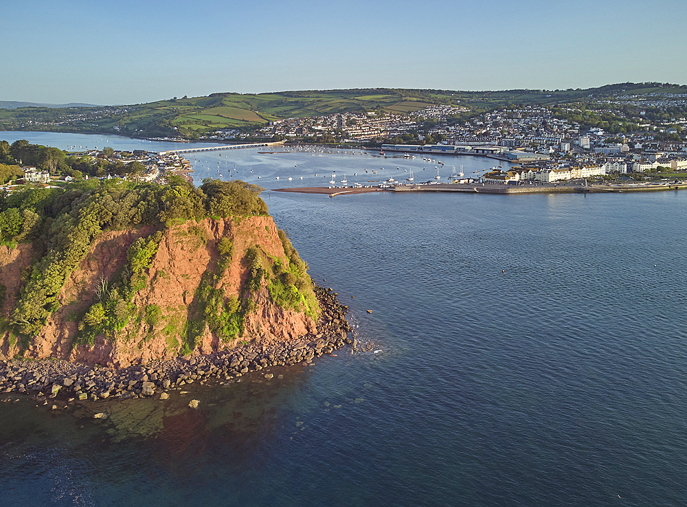 A view across the Ness headland to the mouth of the River Teign and the harbour and tourist resort of Teignmouth, on the south Devon coast, England, United Kingdom, Europe