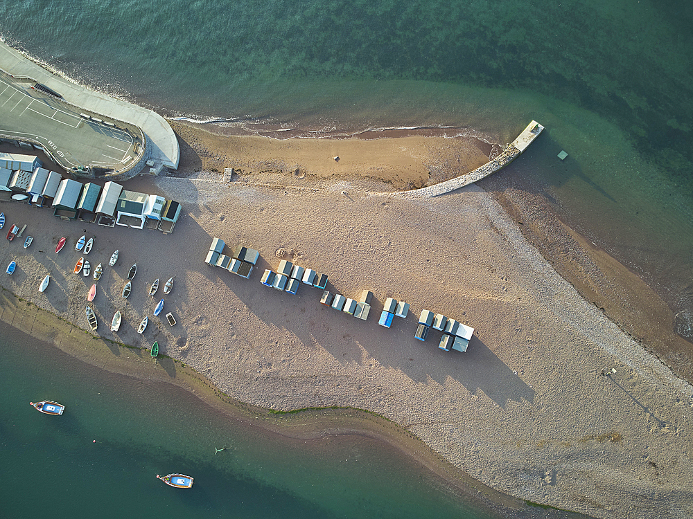 An aerial view of a sand bar in the mouth of the River Teign, at Teignmouth, on the south Devon coast, England, United Kingdom, Europe