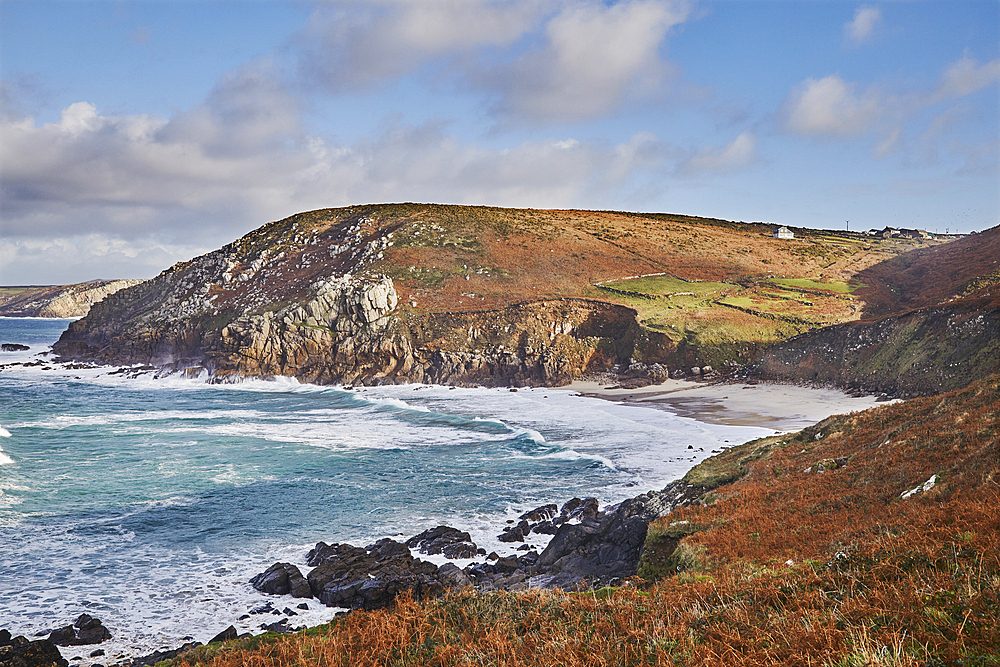 The cliffs and sands of Portheras Cove, a remote beach near Pendeen, on the rugged Atlantic cliffs of the far west of Cornwall, England, United Kingdom, Europe