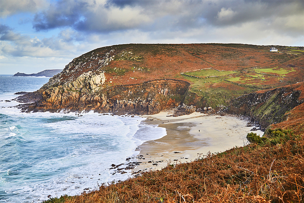 The cliffs and sands of Portheras Cove, a remote beach near Pendeen, on the rugged Atlantic cliffs of the far west of Cornwall, England, United Kingdom, Europe