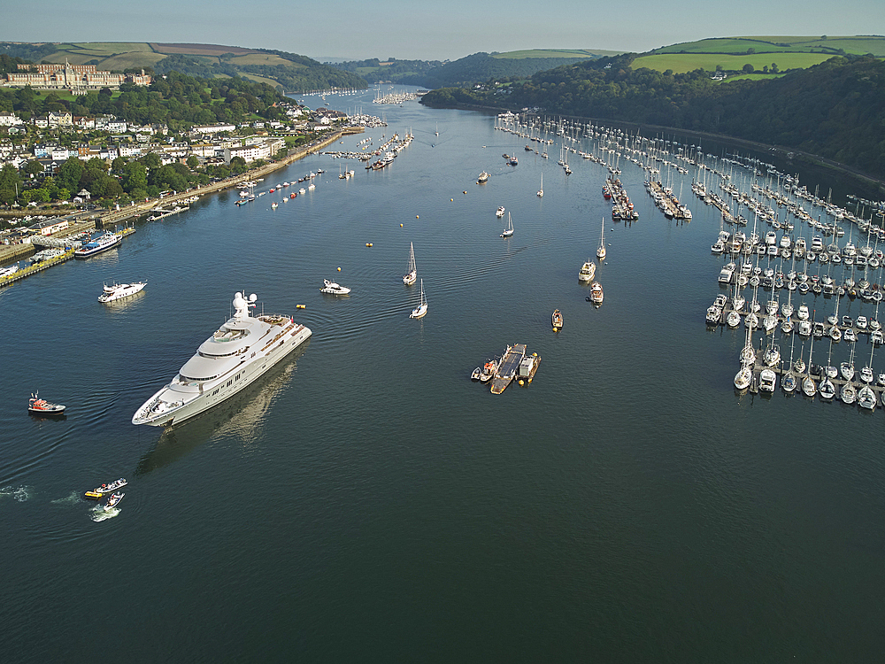 An aerial view of the estuary of the River Dart, with the towns of Dartmouth on the left and Kingswear on the right, south coast of Devon, England, United Kingdom, Europe