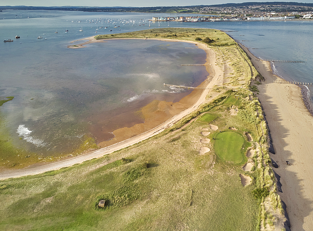 Aerial view of the mouth of the River Exe, seen from above Dawlish Warren and looking towards the town of Exmouth, Devon, England, United Kingdom, Europe