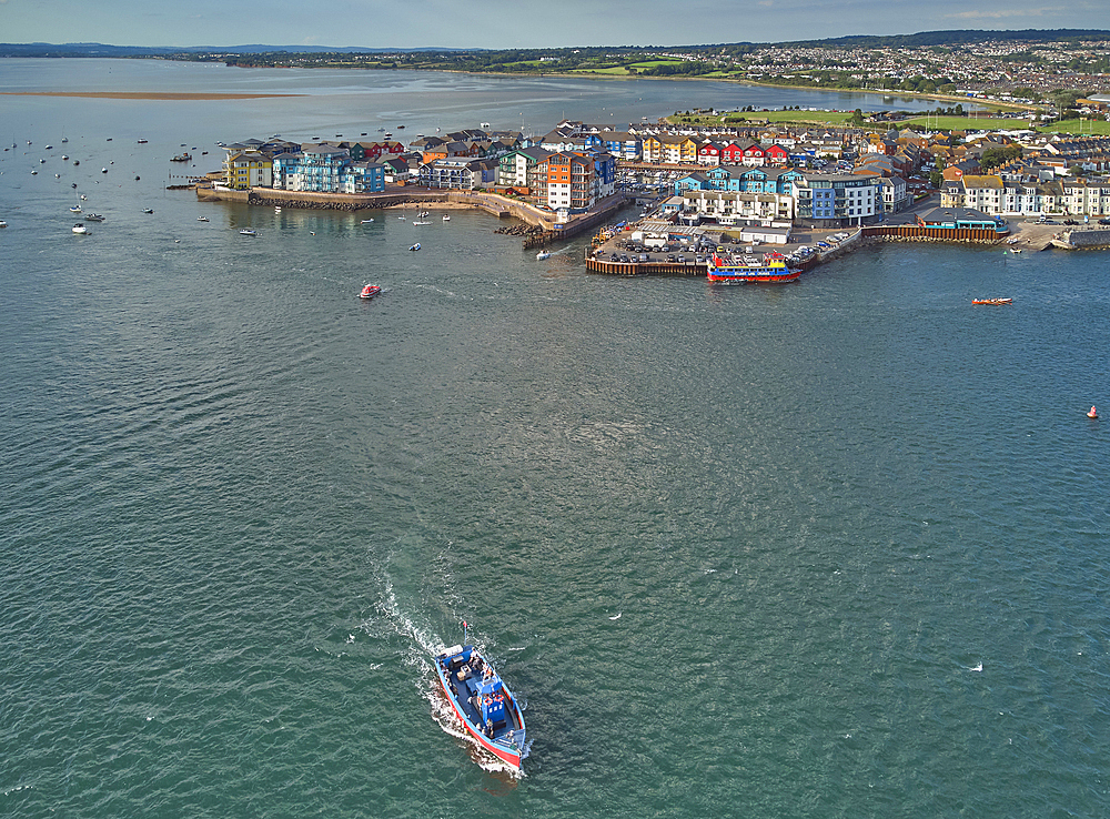 Aerial view of the mouth of the River Exe, looking towards the town of Exmouth, Devon, England, United Kingdom, Europe