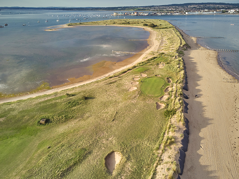 Aerial view of the mouth of the River Exe, seen from above Dawlish Warren and looking towards the town of Exmouth, Devon, England, United Kingdom, Europe